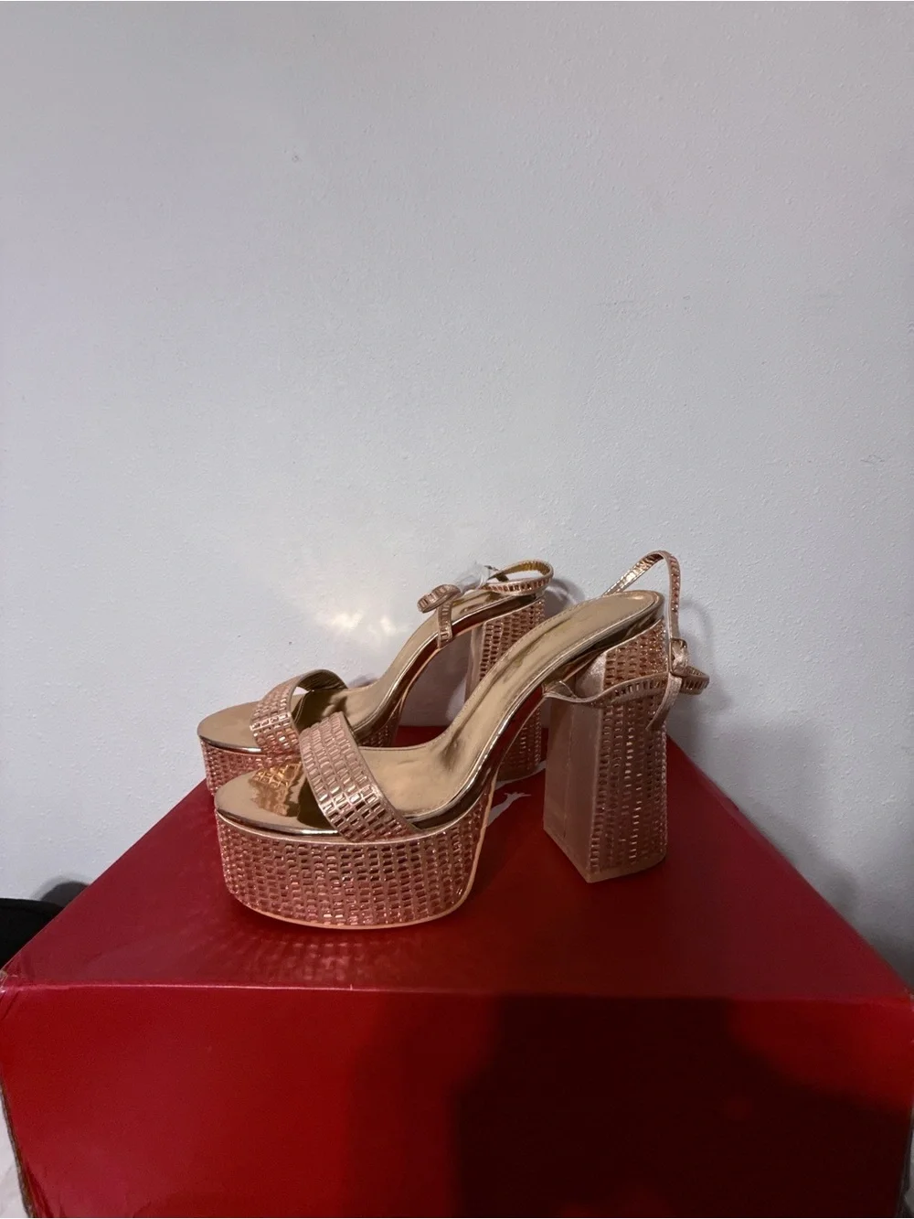 Shimmery Rose Gold Platform Block Heel Sandals for Women